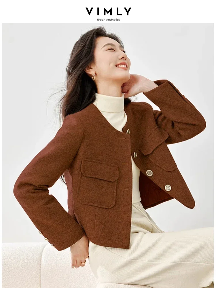 Vimly Wool & Blends Coats Elegant Cropped Tweed Jacket for Office Ladies 2023 Winter O-neck Thick Warm Overcoat Female M5325
