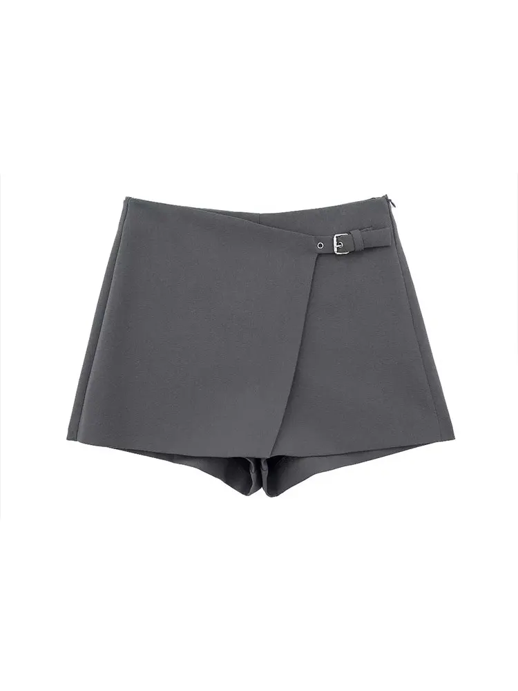 TRAF 2023 Autumn Women Asymmetric Shorts Fashion Vintage High Waist Casual Elegant Slim A-Line Skirt Shorts