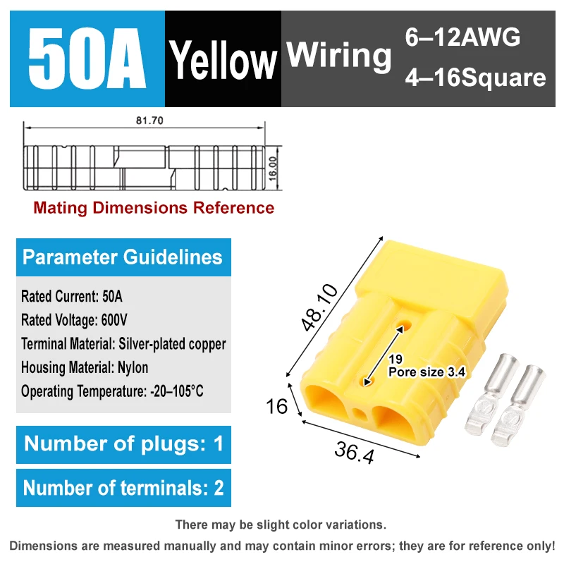 High Current Charging Plug Connector for Electric Car Battery and UPS Cable, 600V, Multiple Amp Options