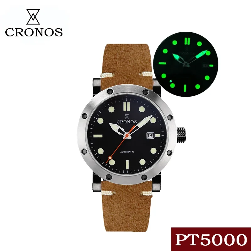 

Cronos Men's Watches Stainless Steel Automatic Mechanich Man Watch PT5000 Waterpro relojof See Through Back Black Leather Strap