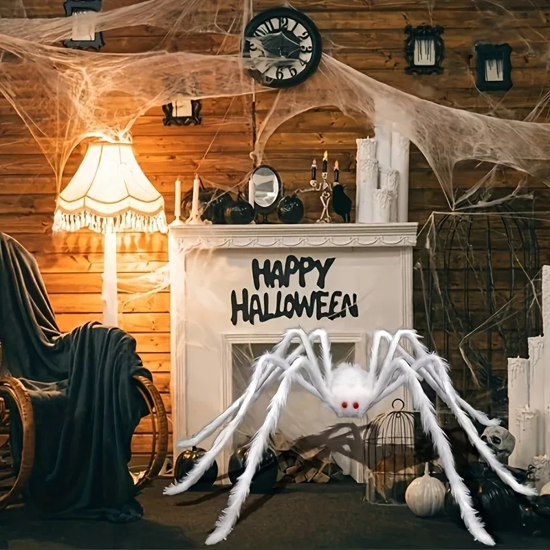 125cm Giant Hairy Spider Realistic Scary White Spider Props with Red Eyes for Indoor Outdoor Haunted House Halloween Decoration