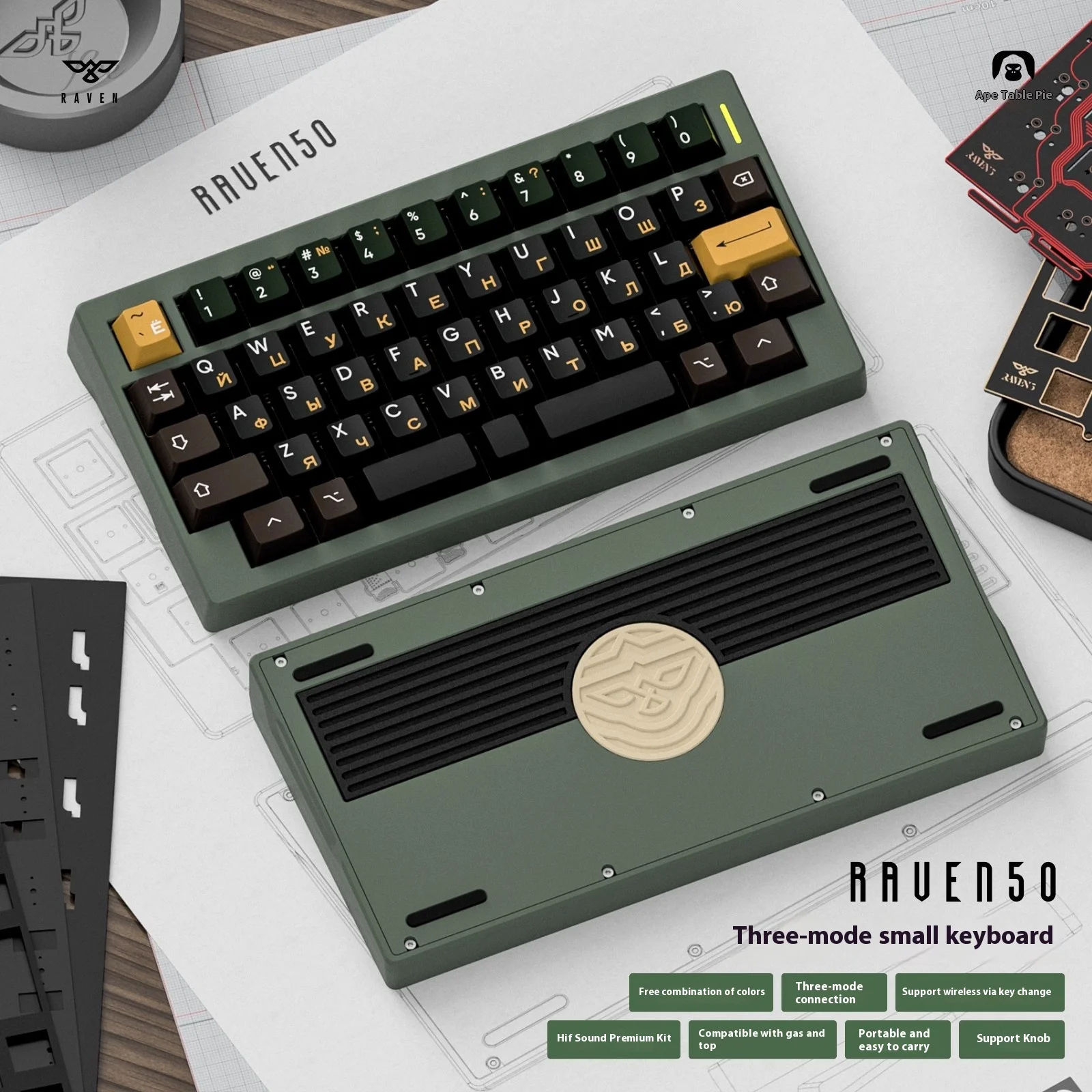 Raven50 기계식 키보드 키트, 블루투스 무선 키보드 개스킷, 커스텀 싱글 키 슬롯 키보드 키트 액세서리, 3 가지 모드