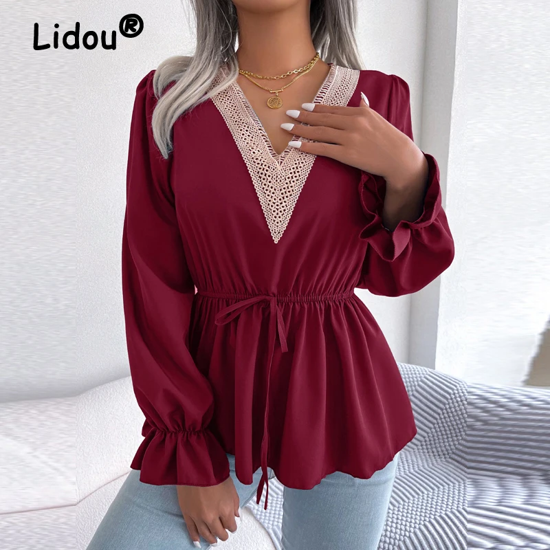 

Women's Lace Patchwork Bandage Elegant Blouse Spring Autumn Fashion Office Lady Solid Shirt V Neck Slim Tops Long Sleeve Blusas