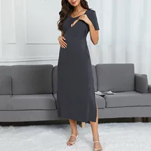 Women’s Pregnancy Nursing Dress Summer Maternity Short Sleeve Breastfeeding Dress Solid Color Daily Slit Dress Nightgown Clothes