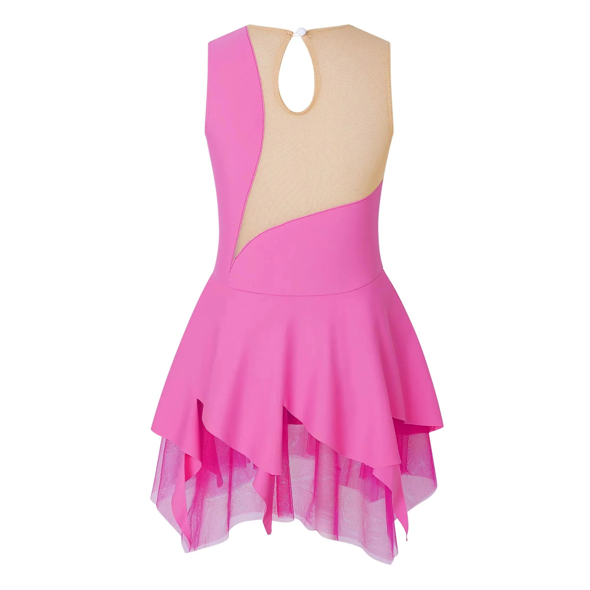 Robe De Patinage Artistique Pour Fille - Manches Longues Mesh, Strass, Jupe Attachée (tailles 6 à 16 Ans)