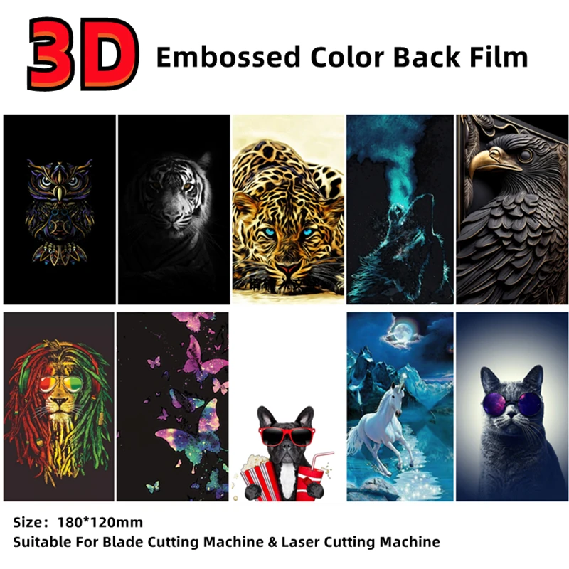 

3D Embossed Color Back Film Protector Sticker For Cutting Machine Owl Lion Tiger Wolf Dog Cat Eagle Animal Patterns Back Sticker