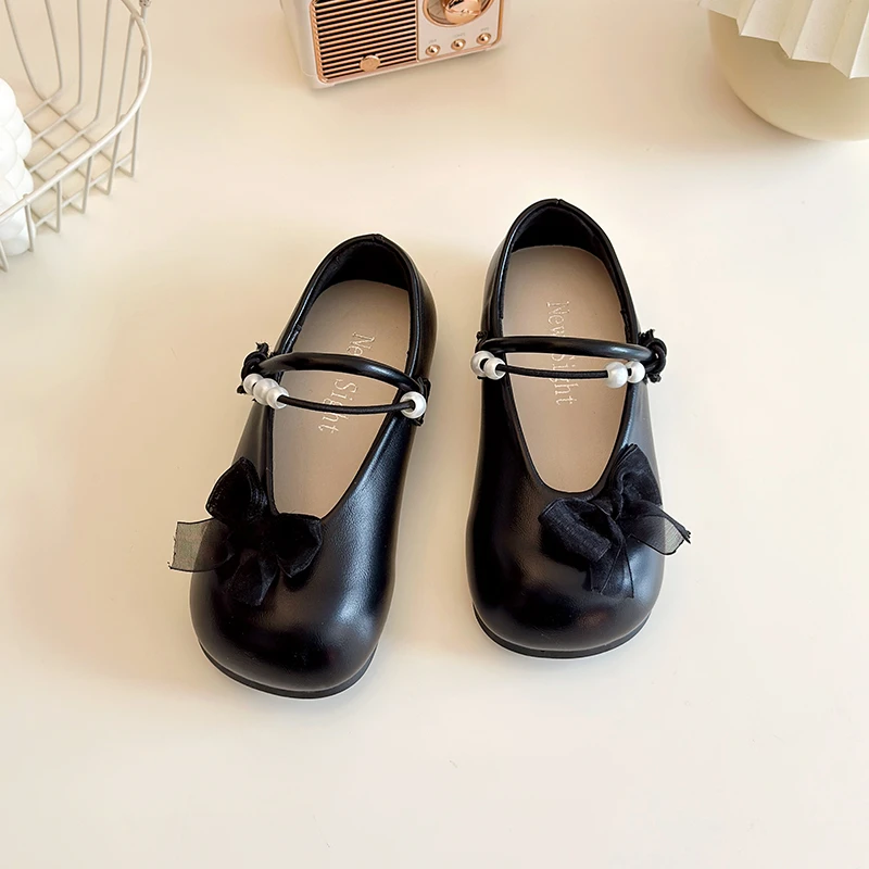 Girls Spring Summer Bownot with Pearls Leather Shoes Kids Fashion Soft Sole Sandals Stage Performance Shoes