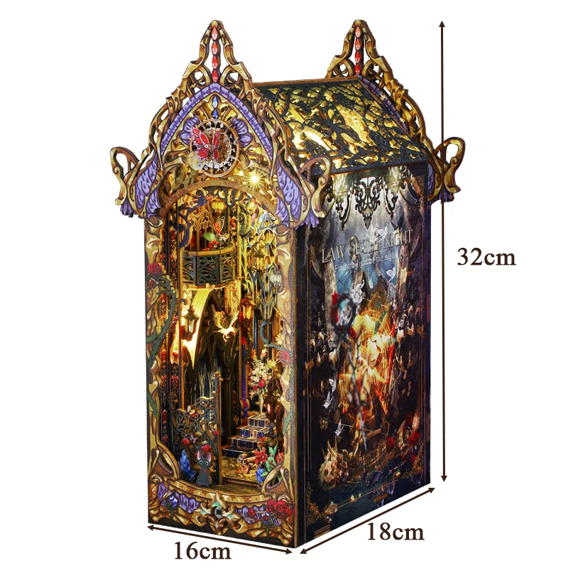 DIY Book Nook Wooden Miniature Model Kit Law of the Night Bookend Assembled 3D Puzzle Rose Castle Bookshelf Home Decor Gifts 6