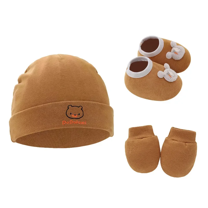 3PCS/Set Newborn Hat Gloves Shoes Solid Color Cotton Boy Girl Scratch Resistant Gloves Newborn Soft Floor Sock Cute Pullover Hat