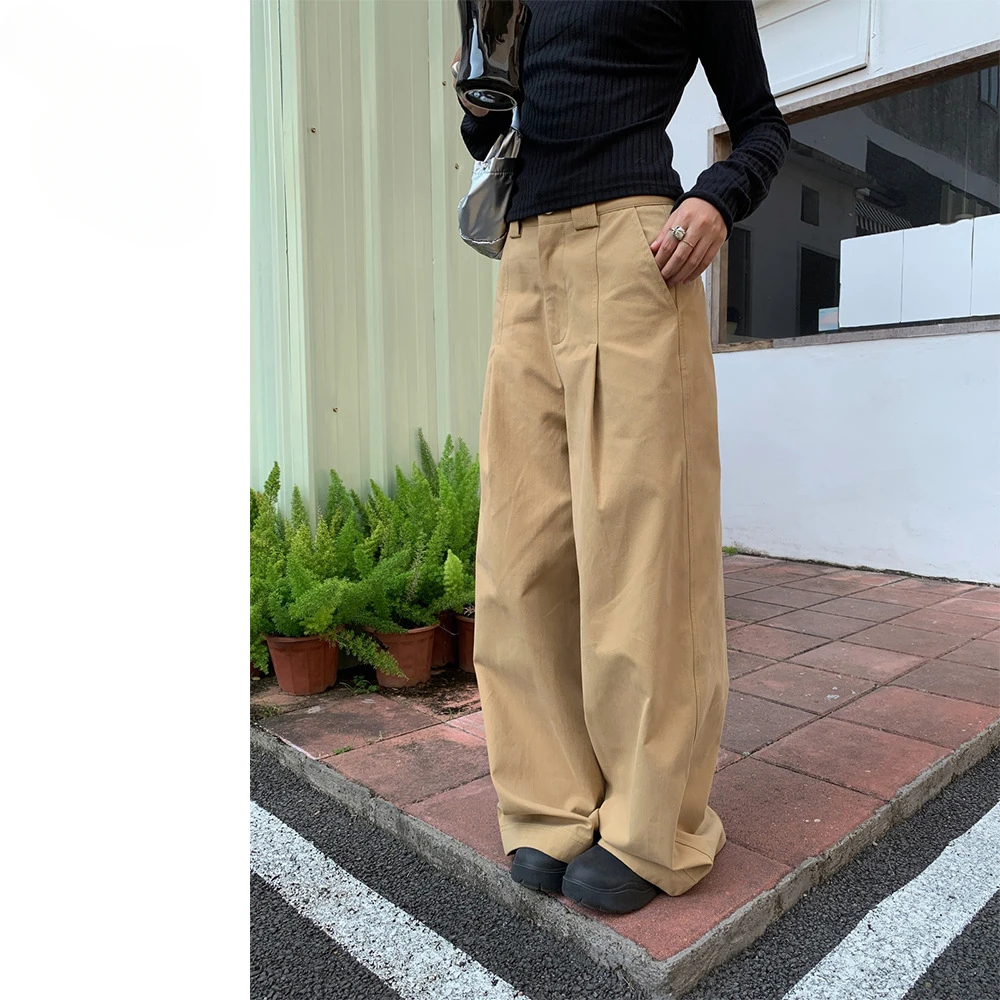 

American Retro Pleated Design Casual Pants Womens Versatile Wide-leg High-waist Mop Pants Calça Jeans Feminina