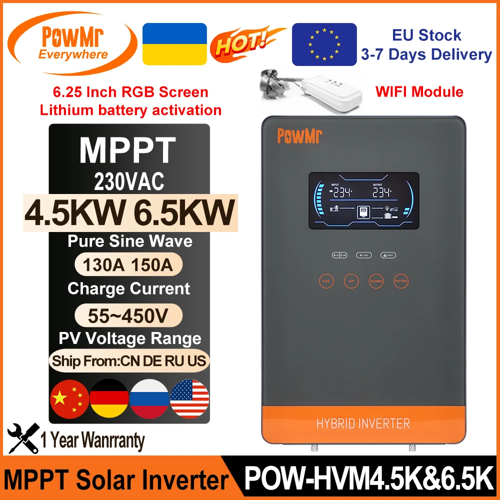 Powmr 6.5Kw 48V Mppt Solar Inverter 230Vac Build In 130A Charger Controller Max Pv 450Vdc Input Con Schermo Lcd Da 6.25 Pollici