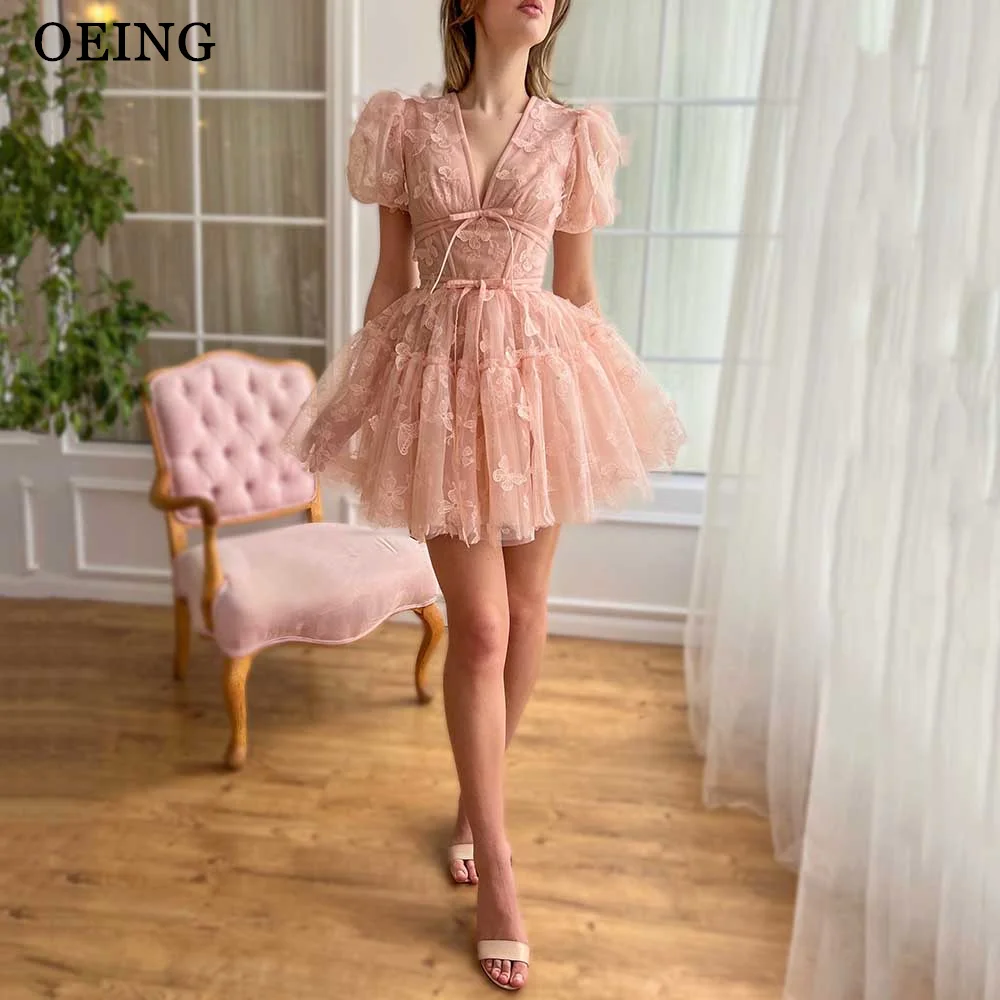 

OEING Fairy Blush Pink Mini Prom Dresses Pastrol V Neck Puff Sleeves 3D Butterfly Short Party Dress For Women Chic Evening Gowns