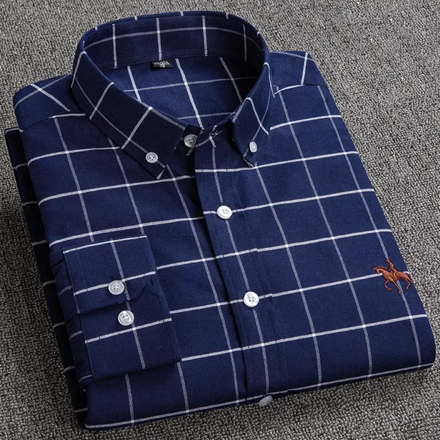 100% Cotton Oxford Shirt Men's Long Sleeve Embroidered Horse Casual Without Pocket Solid Yellow Dress Shirt Men Plus Size 5XL6XL Navy Plaid