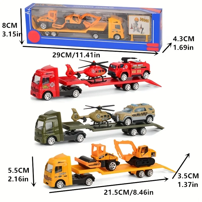 Friction Powered Play Vehicles Set: Construction, Police Car, and Fire Engine Toy Set