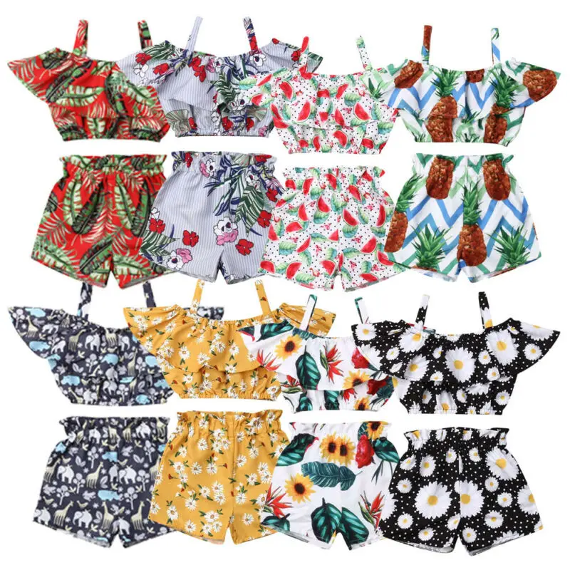 Kids Girls Clothing Sets 1-6 Years Summer Off Shoulder Sling Vest Tank Tops Shorts Pants Set Baby Clothing Children Outfits