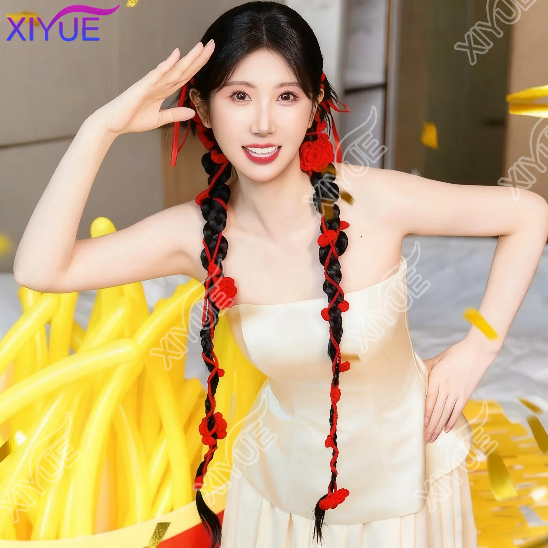 XIYUE Hanfu wig Xiuhe bride red wool flower hair new Chinese twist braid ribbon Fried Dough Twists double ponytail wig