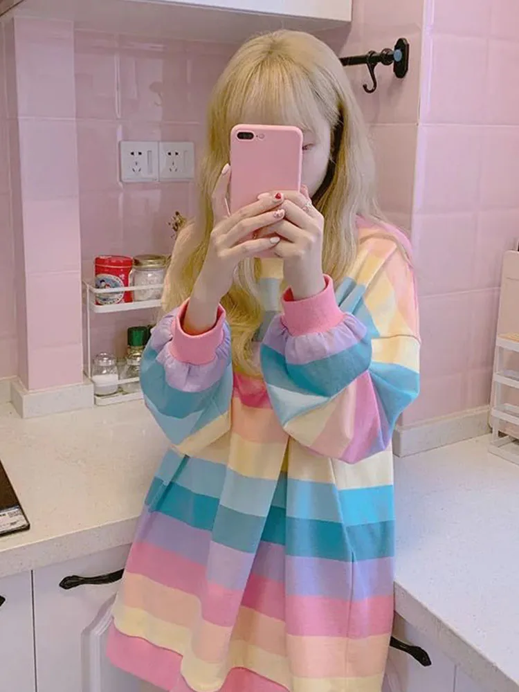 

Women's Jacket Autumn Winter Rainbow Striped Hoodless Shirt Harajuku Female Student Korean Version Tide Loose Thin