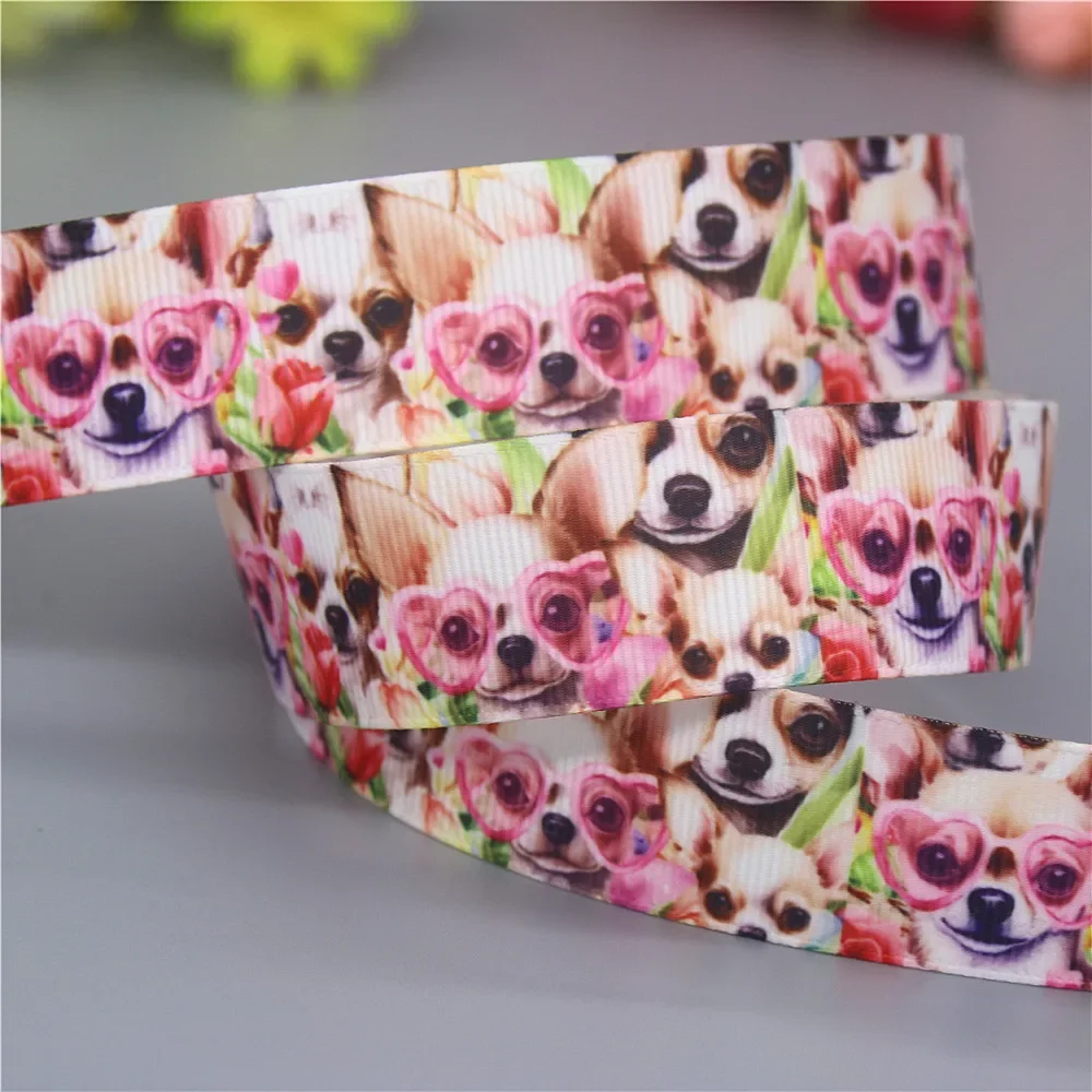 DUWES 50yards Dog Cute Bone Chihuahua Printed Grosgrain Ribbon Accessories Headwear Decoration Collar DIY Sewing Craft D2587