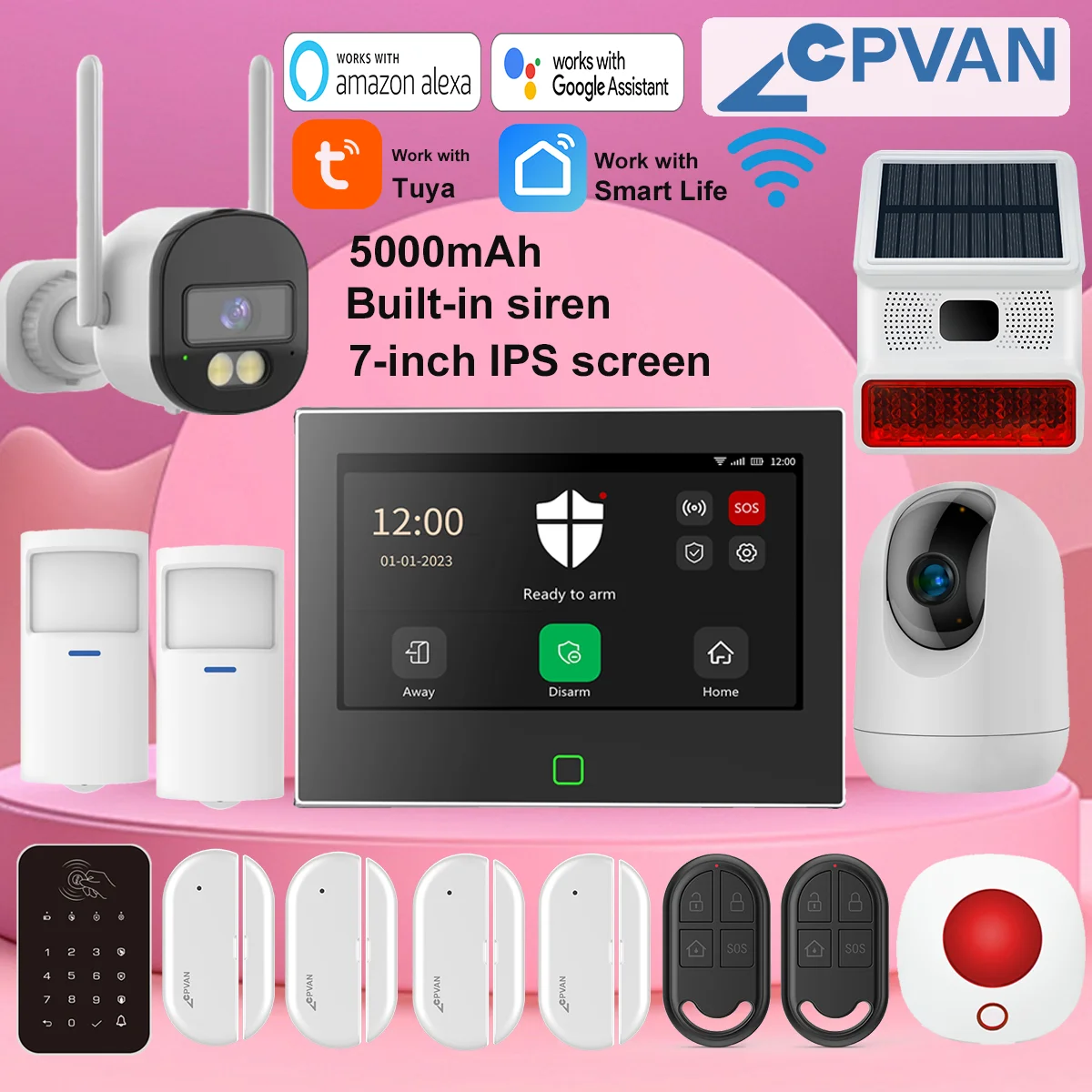 

CPVAN Wireless WiFi Tuya Smart Home Alarm System Home burglar Security Protection Alarm DIY kit Alarm built-in 5000mAh Battery