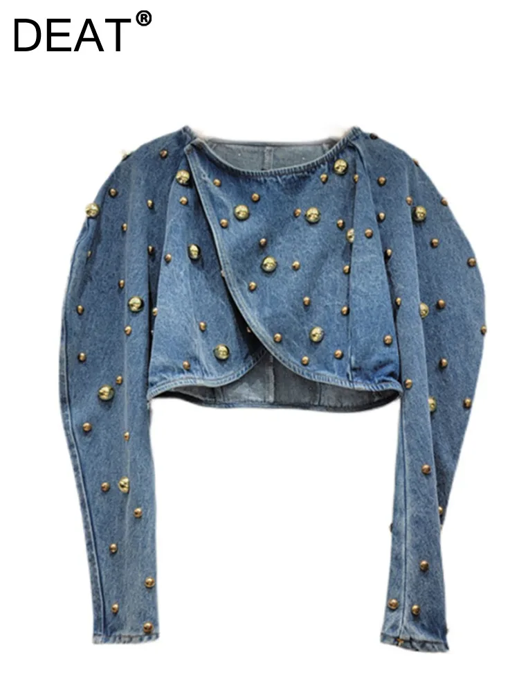 

DEAT Women's Denim Coat O-neck Round Rivet Nail Drill Patchwork Puff Sleeve Irregular Jackets 2024 Summer New Fashion 29L2964