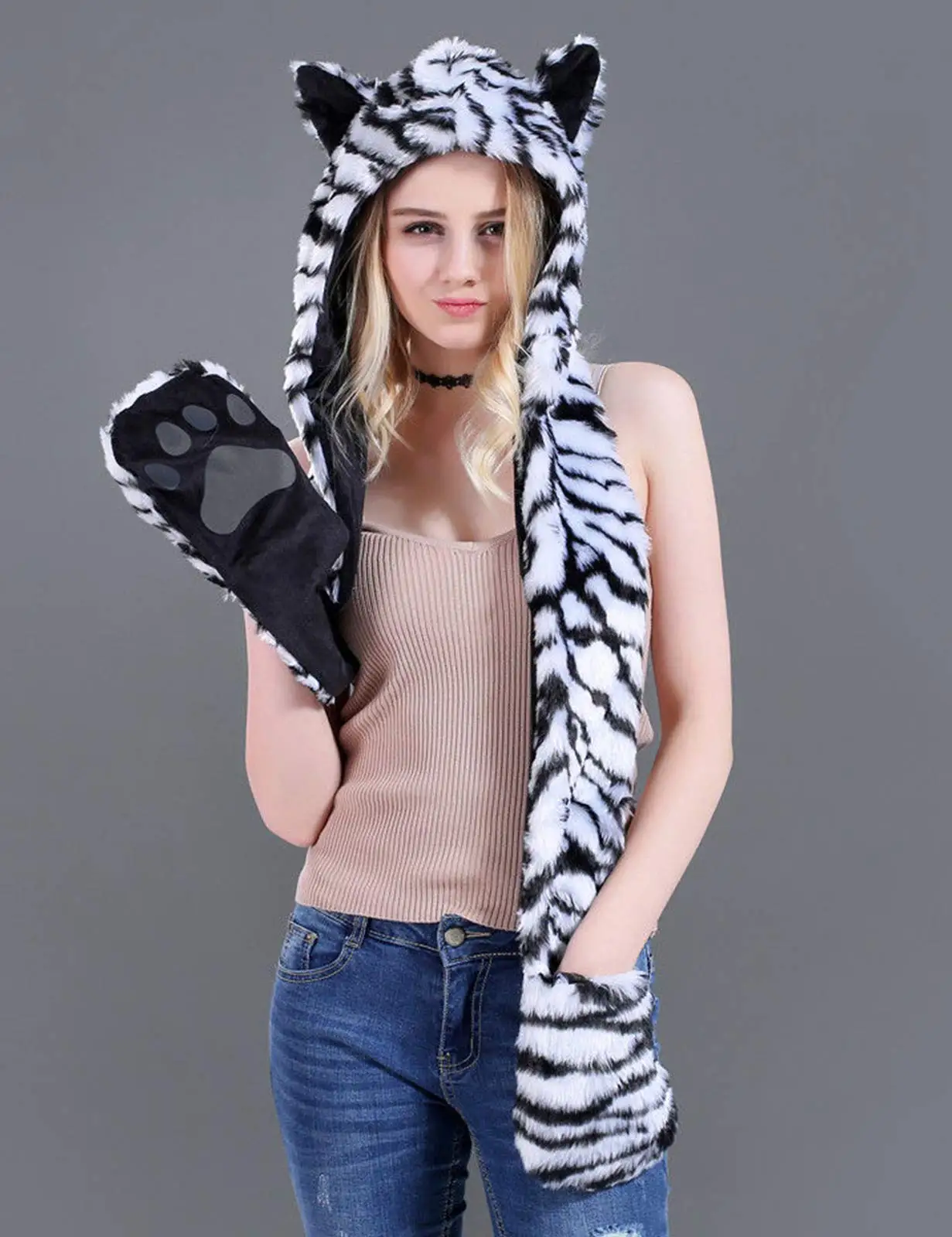 Cosplay White Tiger Winter Faux Fur Hoods Animal Hat Scarf Gloves 3 in1 Fleece Hooded Plush Warm Earmuff Warcraft Cap