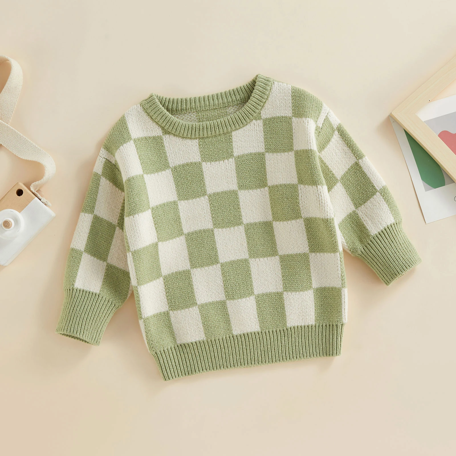 IMISSILLEB Toddler Baby Boy Girl Checkerboard Knit Crewneck Sweatshirt