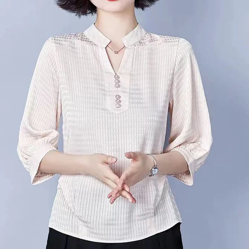 여성용 V넥 긴팔 블라우스, 빈티지 우아한 격자 무늬 자카드 위브 풀오버, 단추 패치워크 올매치 탑, 여름 신상 패션