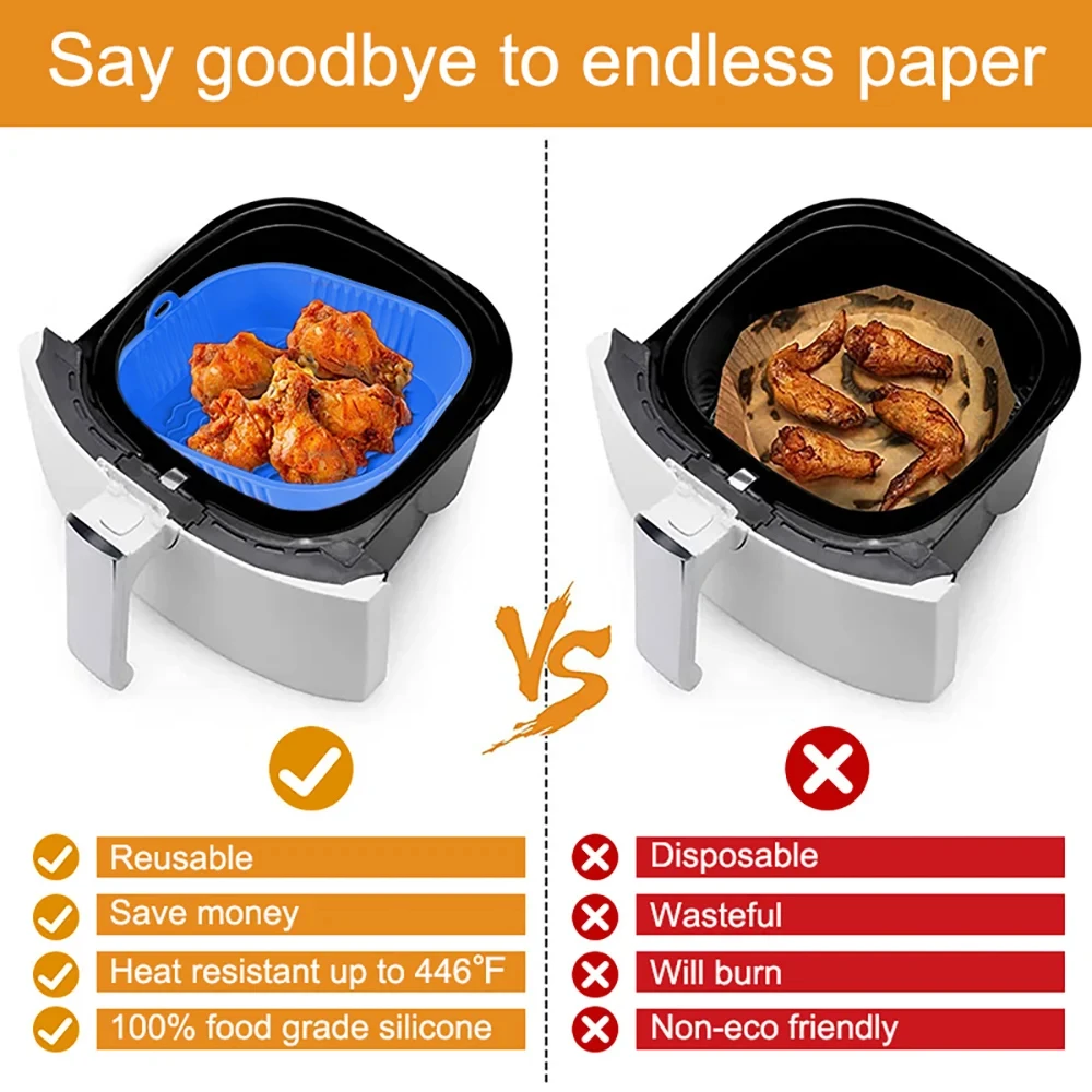 Silicone Air Fryer Pot Tray Food Safe Reusable Square BBQ Barbecue Pad Plate Airfryer Oven Baking Mold Basket Pan for Kitchen 3