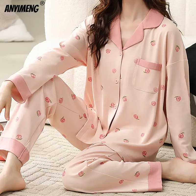 Spring New Pink Peaches Printed Womens Pajamas Set M-3XL Faux Cotton Turn-down Collar Sleepwear for Lady Loungewear Floral Pjs