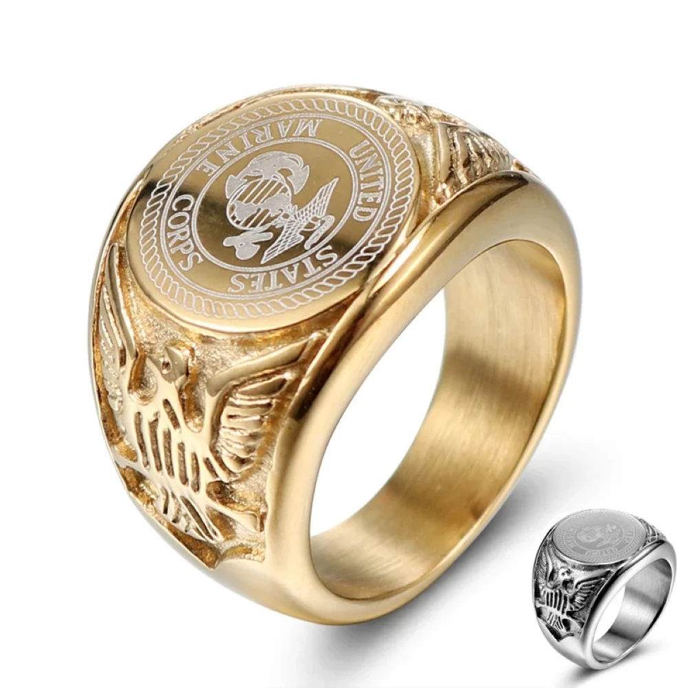 Ring Set Gold Color Rings Stainless Steel Ring Finger Ring Size 8/9/10/11/12/13 Men Badge Eagle 3D Relief Pattern Waterproof Rust Proof Finger Jewelry