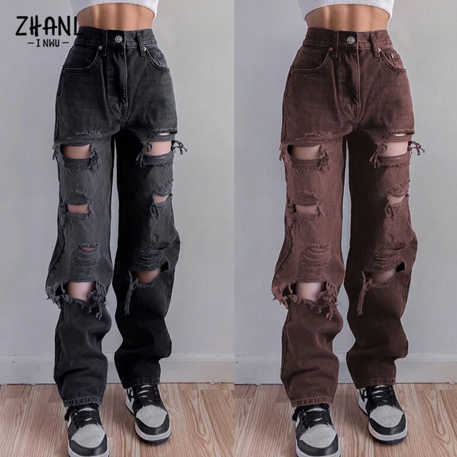 Jeans rasgados retos para senhoras, calças largas soltas, calças High  Street Cargo, cintura média, streetwear de verão Y2K - AliExpress