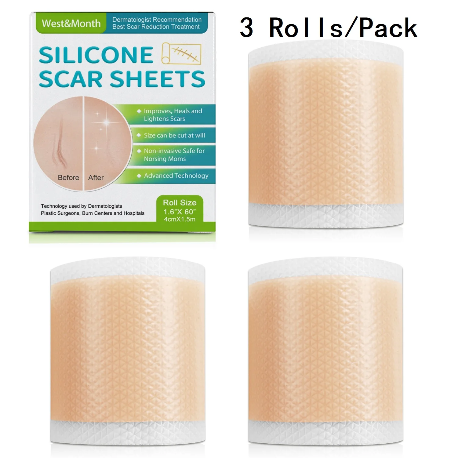 

3 Rolls/Pack (1 roll=4cm*1.5m) Silicone Scar Sheets Scar Removal Strips for C-Section,Surgery,Burn,Keloid,Acne Skin Care Tape