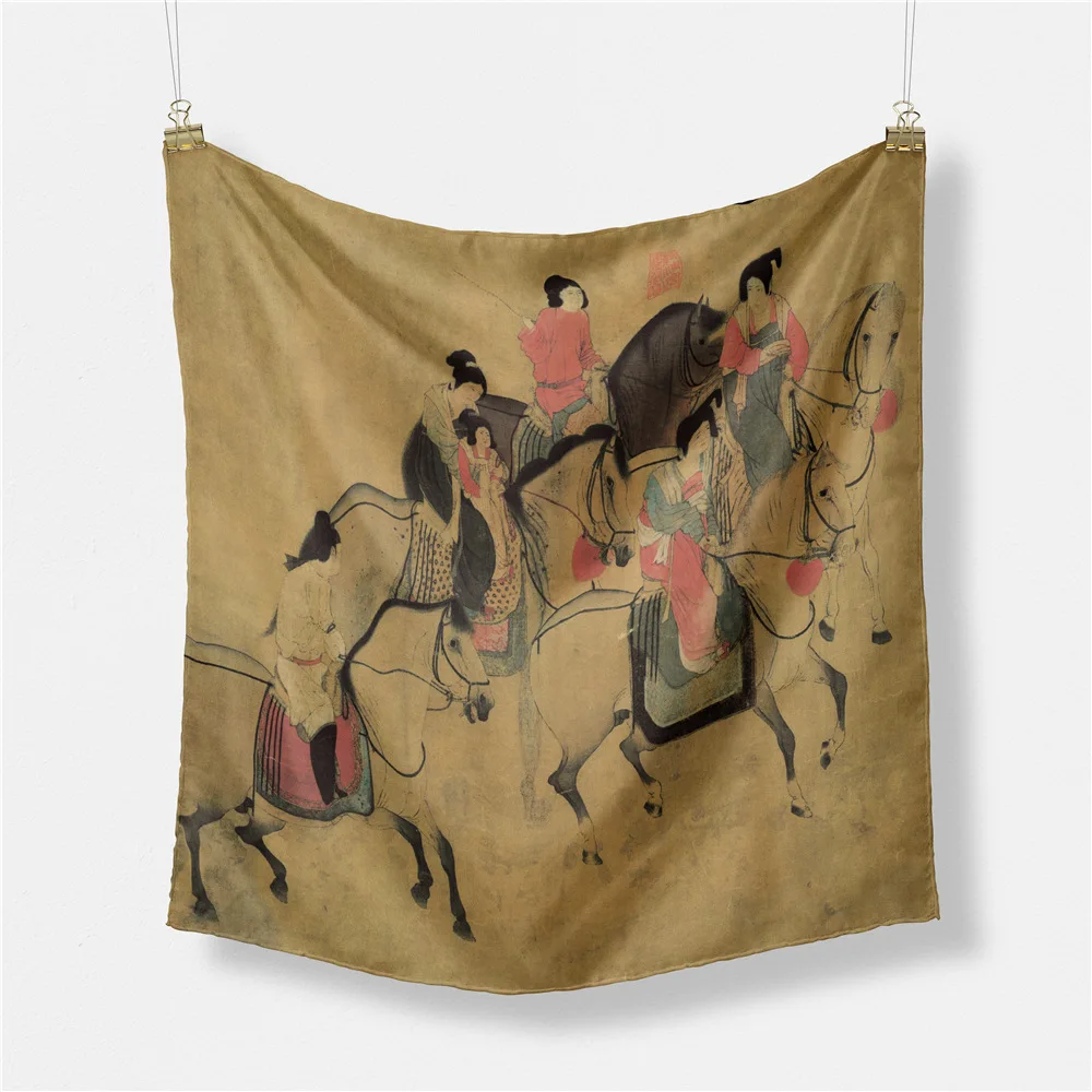 

Саржевый шелковый шарф для женщин, квадратные шарфы с рисунком лошадей, бандана, маленький хиджаб, Шелковый шейный платок, 53 см
