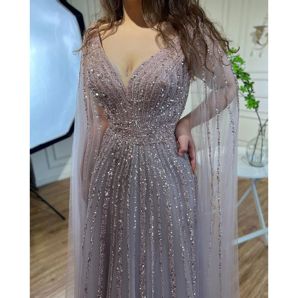 Serene Hill Nude Arabic Luxury Cape Sleeves Evening Dresses Gowns A-Line Beaded Sexy 2023 For Women Party LA71567