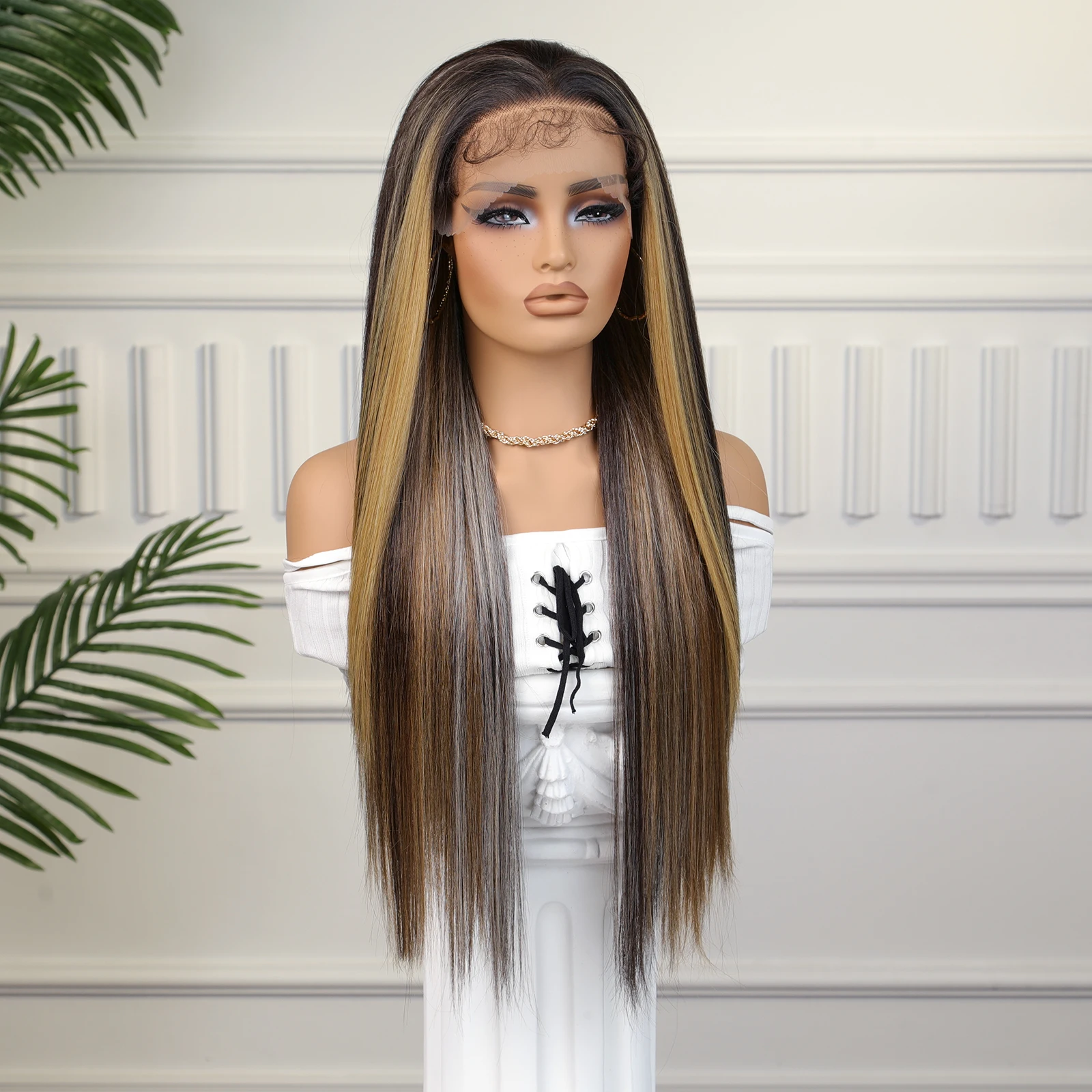 13x4 Lace Front Wigs Brown Highlight Golden Synthetic Long Straight Wig with Baby Hair for Women Cosplay180 Density CharmSource