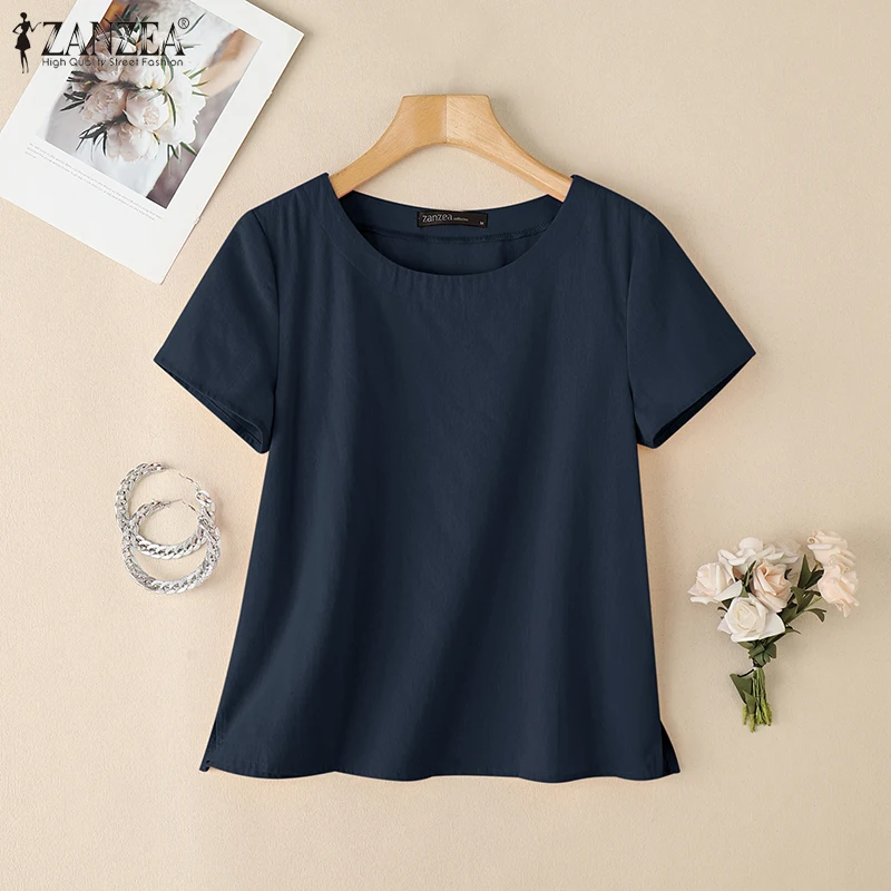 ZANZEA Sommerliche, lässige Baumwollblusen für Damen, O-Ausschnitt, kurze Ärmel, seitlicher Schlitz, dünne Oberteile, Tageskleidung, einfarbig, Blusas de Mujer – Detail 17