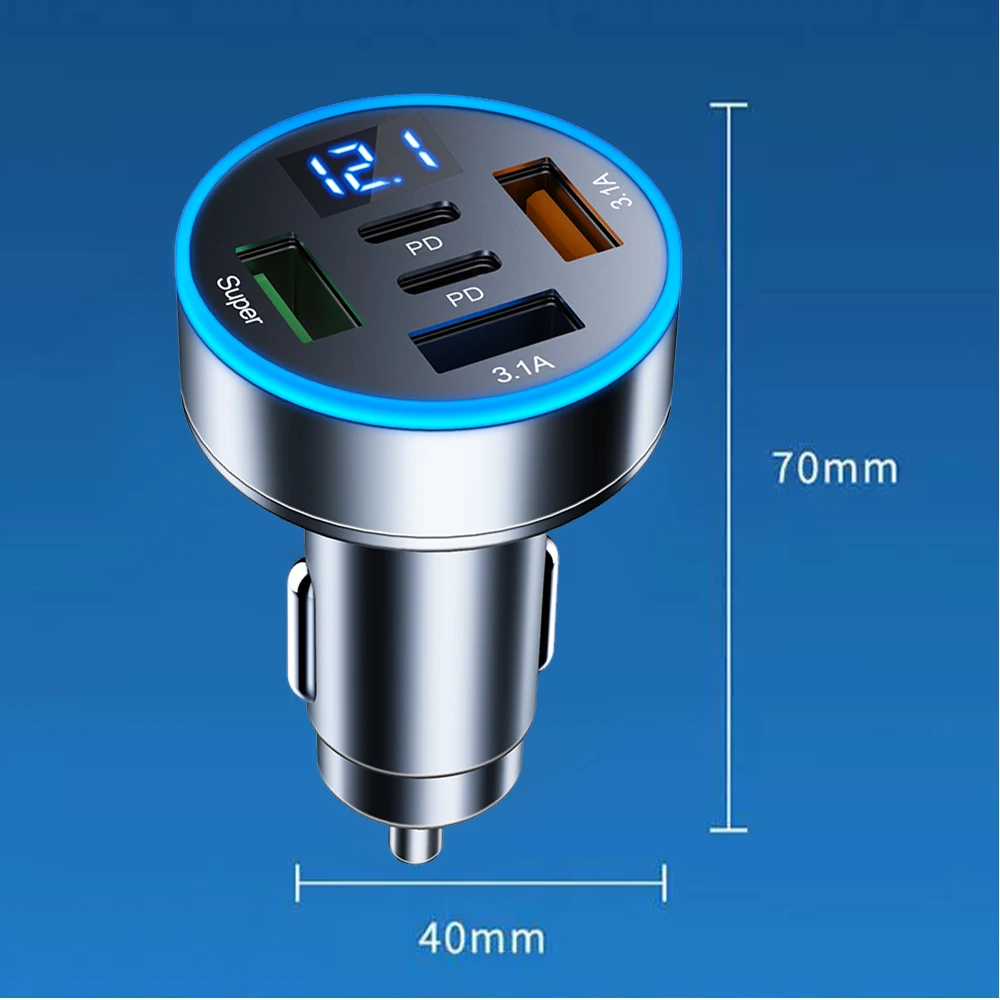 5 In 1 USB Fast Charging Dual PD Port QC3.0 Car Phone Charger Adapter With Voltage Display For IPhone Samsung Huawei_voghion.com