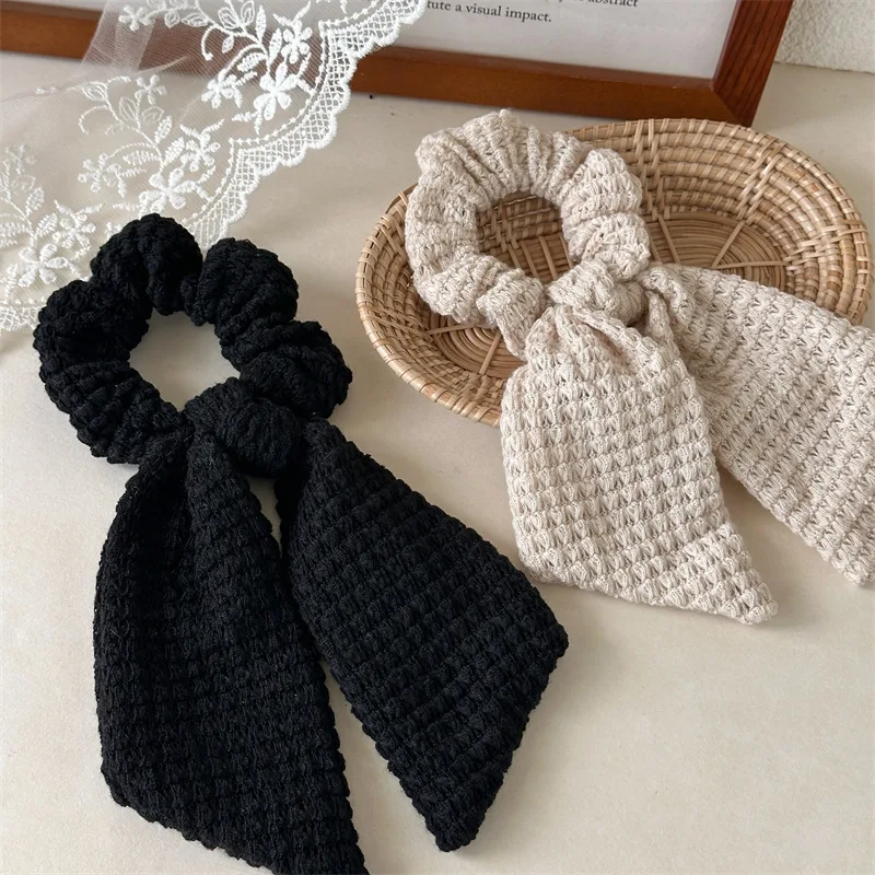 1PC Knit Scarf Scrunchies,Black Beige Hair Ties, Soft Textured Bow Hair Accessories,Stylish Daily Hair Decor,Trendy Women's Hair