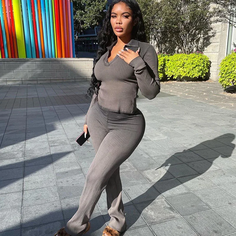 

Women's two-piece ribbed knit set warm winter long-sleeved top and wide-leg trousers athleisure suit
