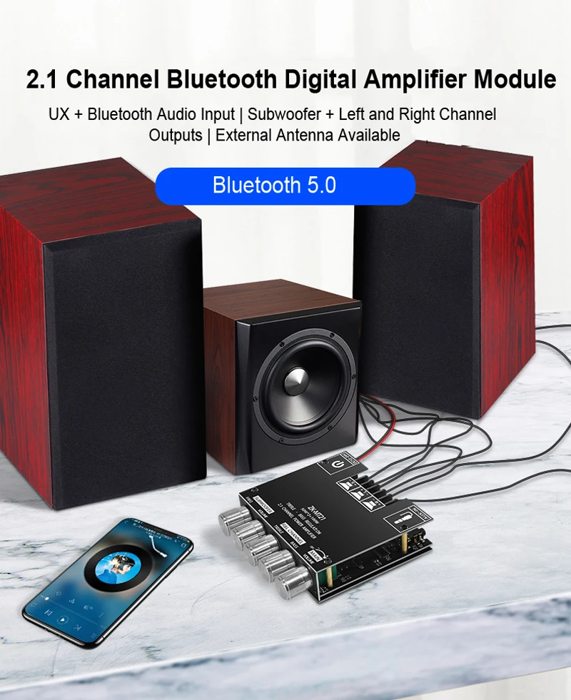 ZK-MT21 Sound Amplifier Module 2x50W+100W 2.1 Channel Subwoofer Bluetooth 5.0 Di