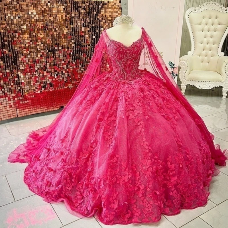 

Ashely Alsa Arabic Lilac Butterfly Quinceanera Dresses With Cape Applique Sweet 16 Dress Mexican Prom Gowns Vestidos De XV Anos