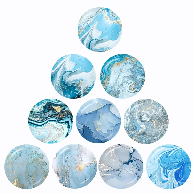 Nuovo Kaca Warna Air Cabochon, Biru Hijau Dan Kuning Pola Marmer Bulat Kaca Foto Cabochon Demo Datar Kembali Membuat Temuan