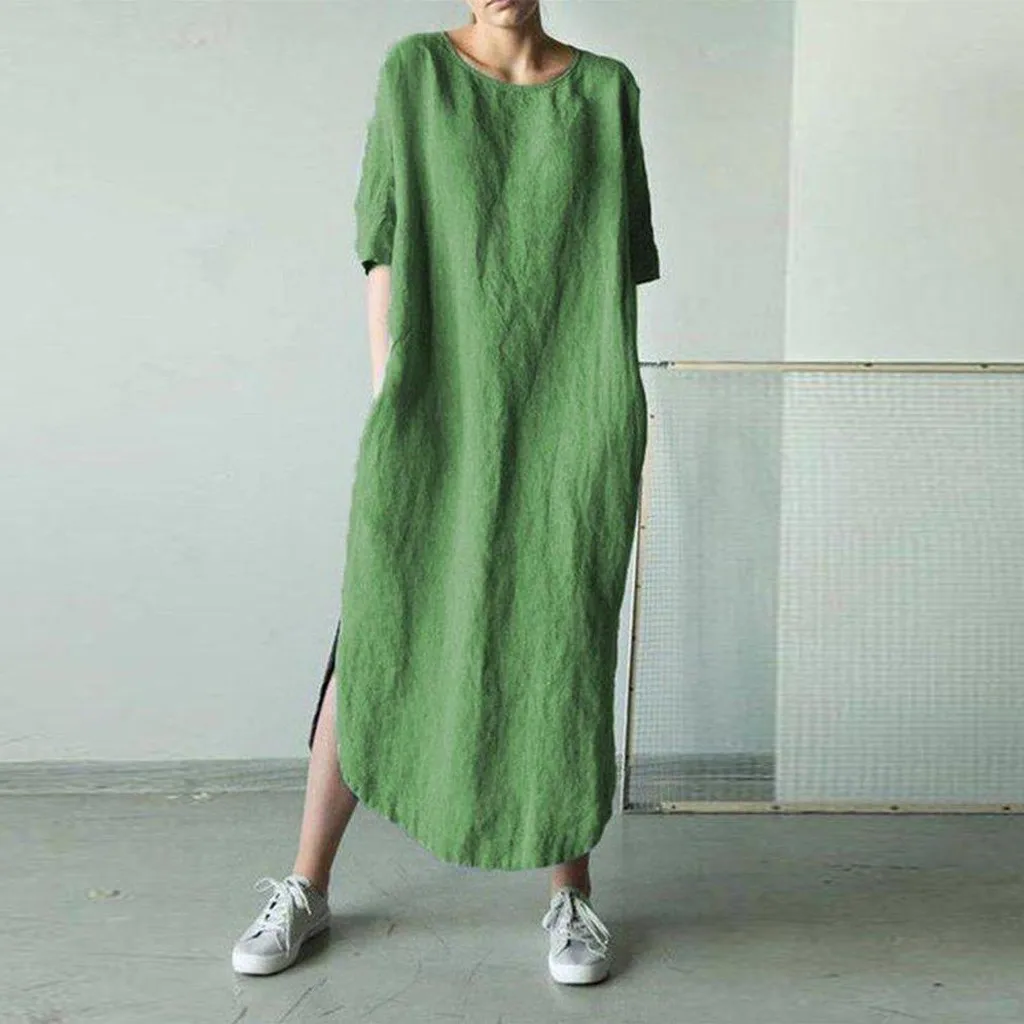 

Plus Size Split Maxi Loose Dress Women Casual Solid Color Cotton And Linen Long Dress Pocket Long Sleeve O Neck Shirt Dress