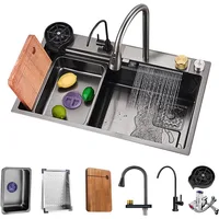 Waterfall Kitchen Sink Black Single Bowl Stainless Steel Bar Sink Undermount of Countertop Installation with Accessories Black 1