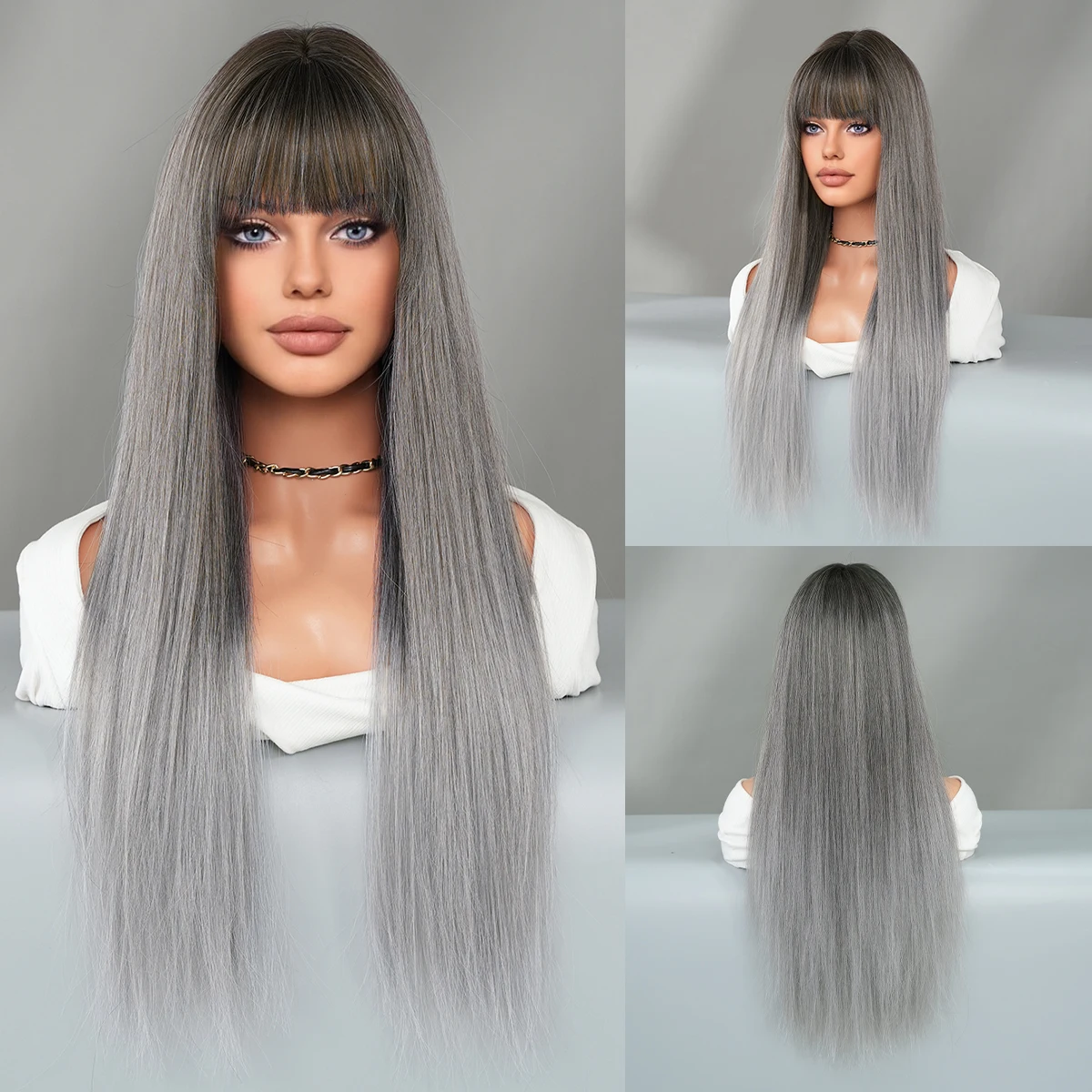 

PARK YUN Long Straight Gray Gradient Wig for Women Daily Party High Density Synthetic Overhead Dyeing Wigs with Bangs Natural