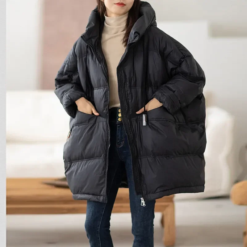 

Lagabogy 2023 New Winter Women 90% White Duck Down Jacket Casual Loose Over Size Warm Parka Female Drawstring Hooded Puffer Coat