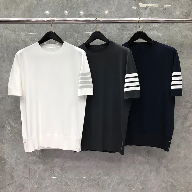 

TB Male T-Shirt Casual Crew Neck Pullover Short Sleeve Knitted Summer Pullover Classic 4-bar Classic Stripes High Quality Tee