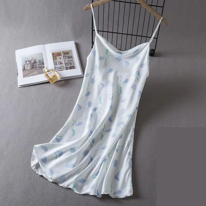 LOVE Print Chemise Nightgown Sexy Female Strap Nightdress Summer Lady Silky Satin Sleepwear Gown Lingerie Backless Home Dress