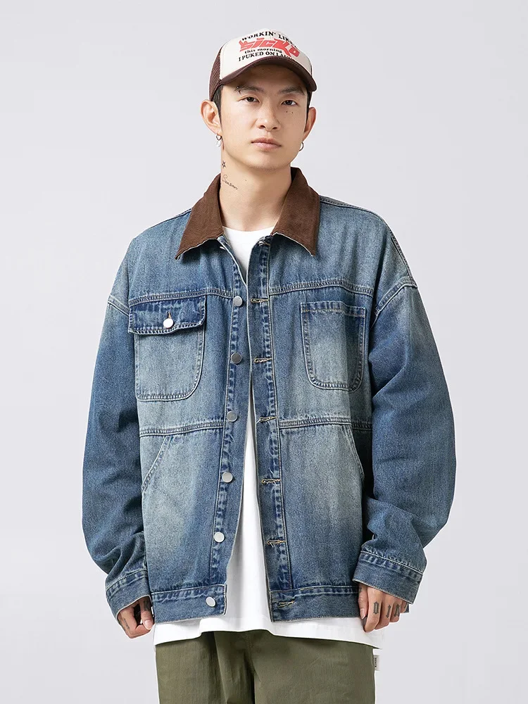 

2023 Old Washed Denim Jacket Men's New Autumn and Winter Vintage Corduroy Patchwork Design Sense of Top Casual Coats