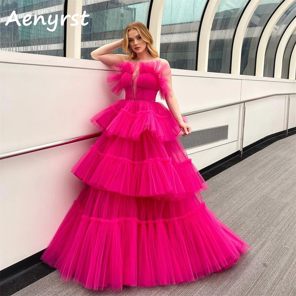 

Aenyrst Princess Strapless Tulle Saudi Arabia Prom Dresses A Line Tiered Evening Gowns Floor Length Dinner Party Dress For Women